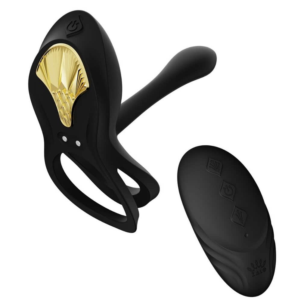 Vibromasseur portable au design ergonomique présenté avec son écrin, posé sur un décor aux nuances bleues et rouges, sélection Brigade Mondaine Paris. Sextoys Electriques