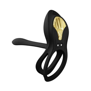 Vibromasseur portable au design ergonomique présenté avec son écrin, posé sur un décor aux nuances bleues et rouges, sélection Brigade Mondaine Paris. Sextoys Electriques