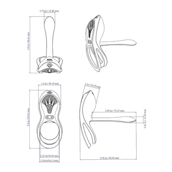 Vibromasseur portable au design ergonomique présenté avec son écrin, posé sur un décor aux nuances bleues et rouges, sélection Brigade Mondaine Paris. Sextoys Electriques