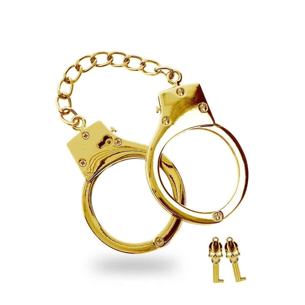 Menottes dorées en métal avec chaîne centrale et clés incluses, finition brillante, proposées par Brigade Mondaine Paris.