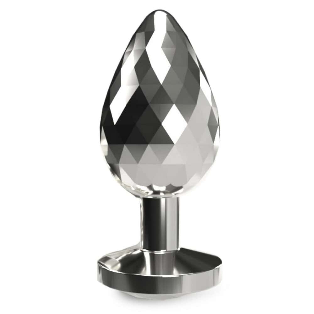 Plug anal en métal poli avec cristal facetté transparent, base évasée et finition brillante, présenté par Brigade Mondaine Paris.