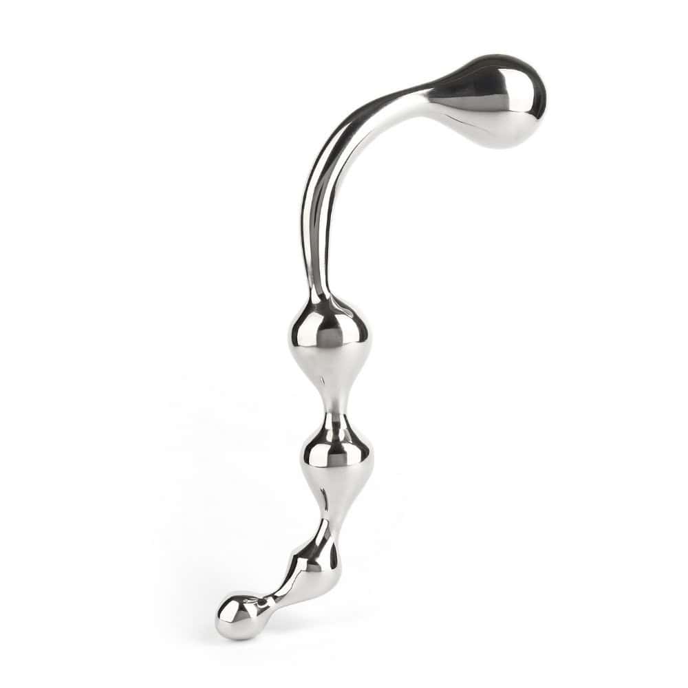 Wand Multi-Stim en acier inoxydable poli, forme incurvée avec extrémités sphériques, présenté sur fond blanc, sélection Brigade Mondaine Paris.