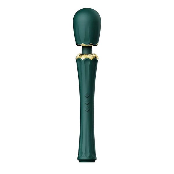 Wand Kyro Eden en silicone vert profond avec finitions dorées, présentée par Brigade Mondaine Paris, accessoire de stimulation au design élégant et contemporain.