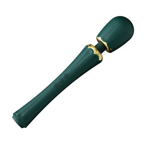 Wand Kyro Eden en silicone vert profond avec finitions dorées, présentée par Brigade Mondaine Paris, accessoire de stimulation au design élégant et contemporain.