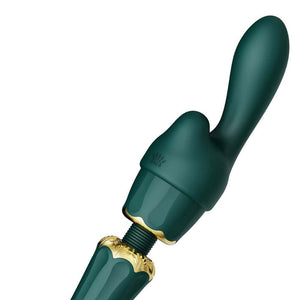 Wand Kyro Eden en silicone vert profond avec finitions dorées, présentée par Brigade Mondaine Paris, accessoire de stimulation au design élégant et contemporain.
