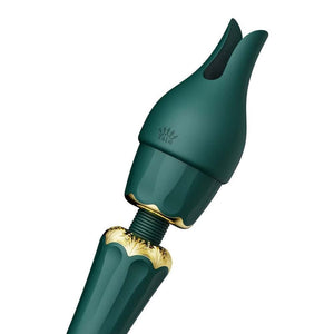 Wand Kyro Eden en silicone vert profond avec finitions dorées, présentée par Brigade Mondaine Paris, accessoire de stimulation au design élégant et contemporain.