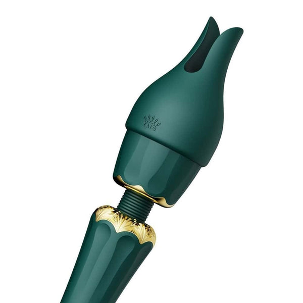 Wand Kyro Eden en silicone vert profond avec finitions dorées, présentée par Brigade Mondaine Paris, accessoire de stimulation au design élégant et contemporain.
