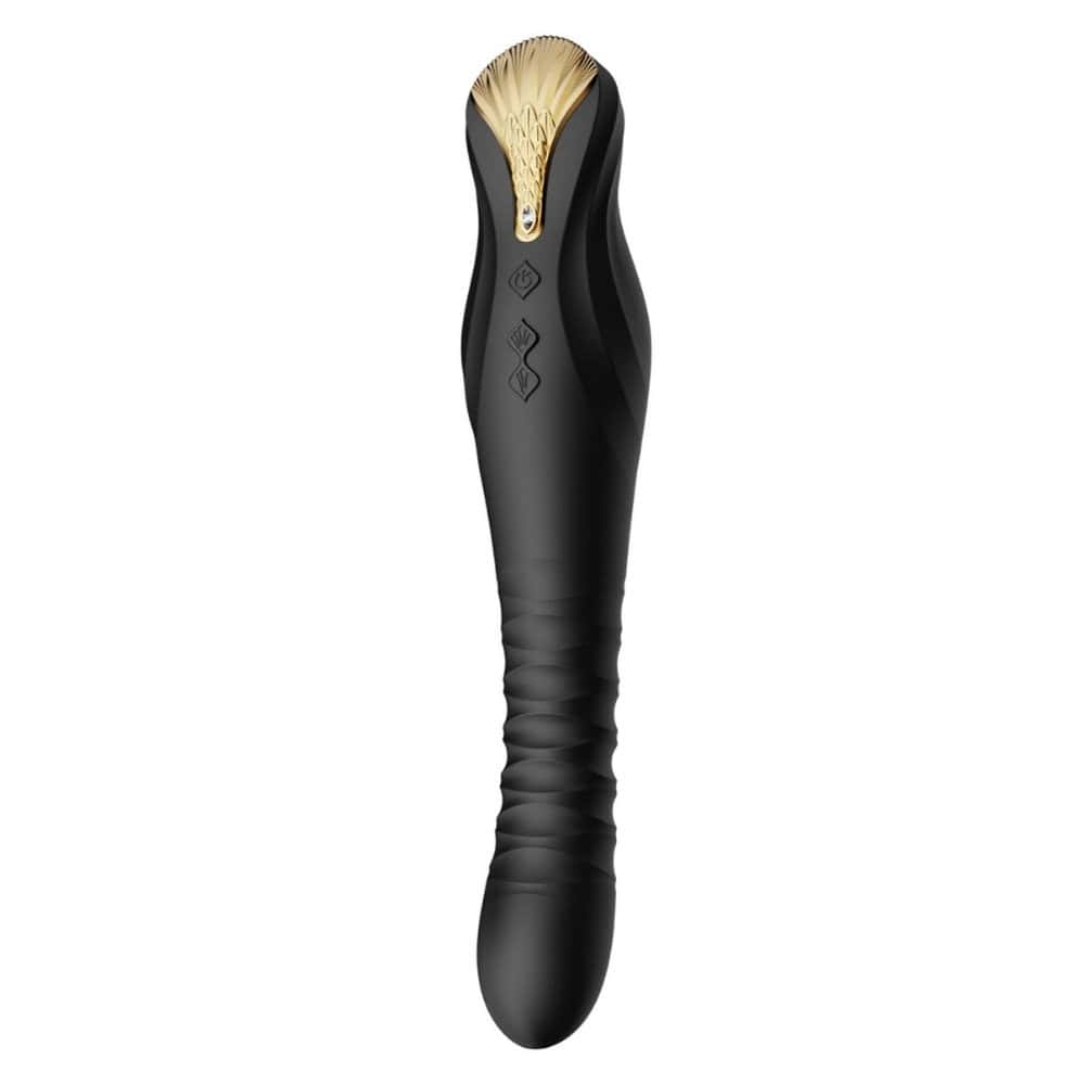 Stimulateur noir en silicone texturé avec finition dorée, présenté à la verticale sur fond sombre, proposé par Brigade Mondaine Paris.