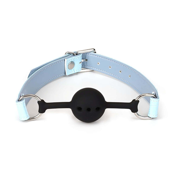 Kit de Bondage Macaron Bleu Menthe LIEBE SEELE, 9 pièces : bandeau, bâillon-boule, collier avec laisse, menottes poignets et chevilles, paddle, flogger, hogtie, mini masseur, similicuir bleu menthe avec finitions argentées.