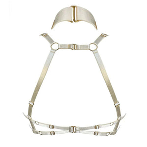 Harnais soutien-gorge ouvert crème BORDELLE Signature avec sangles ajustables et anneaux dorés, présenté à plat sur fond clair.