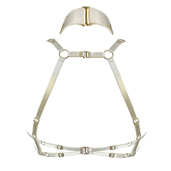 Harnais soutien-gorge ouvert crème BORDELLE Signature avec sangles ajustables et anneaux dorés, présenté à plat sur fond clair.