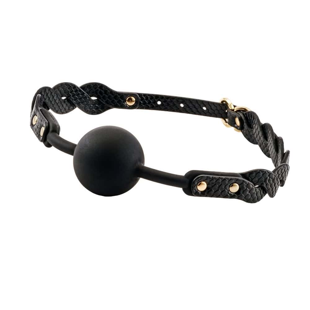 Bâillon boule BDSM composé d’une boule noire mate et de sangles en cuir noir texturé avec rivets et bouclerie dorée, présenté sur fond sombre dans une mise en scène élégante.
