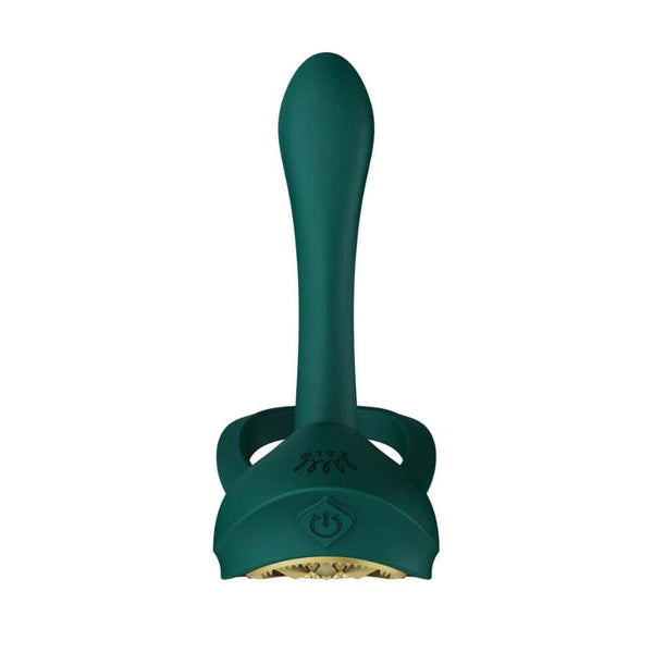 Vibromasseur portable au design ergonomique présenté avec son écrin, posé sur un décor aux nuances bleues et rouges, sélection Brigade Mondaine Paris. Sextoys Electriques