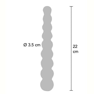 Dildo en verre transparent composé de formes sphériques alignées, présenté verticalement sur fond blanc, avec une finition lisse et brillante.