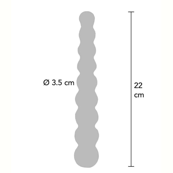 Dildo en verre transparent composé de formes sphériques alignées, présenté verticalement sur fond blanc, avec une finition lisse et brillante.