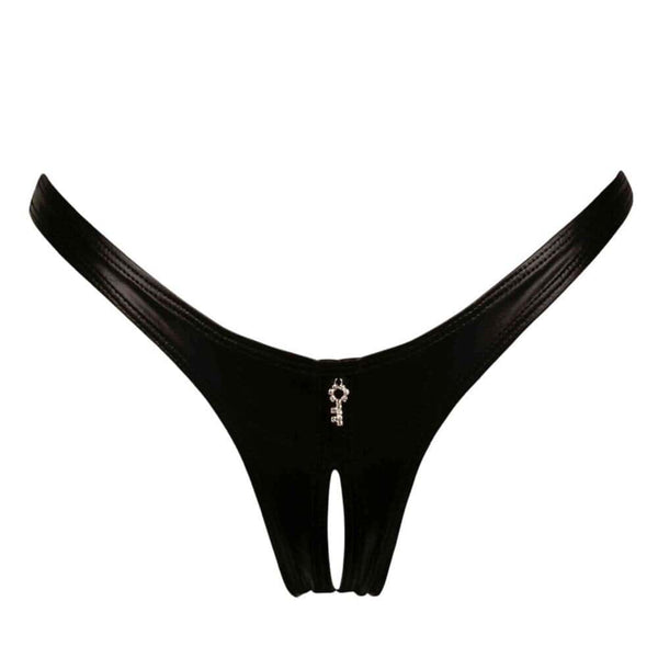 String Annabelle CATANZARO noir avec ouverture centrale et détail bijou métallique à l’avant, pièce haut de gamme proposée par Brigade Mondaine, sur fond blanc.