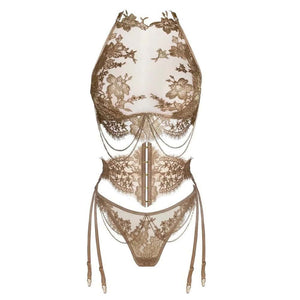 Ensemble De Lingerie en Dentelle Leavers française en Or Rosé Soutien Gorge Avec Chaînes Amovible et baleines souples, Corset Porte-jarretelles en Dentelle et anneaux dorés et Culotte Style Brésilienne avec Chaînes en or délicates amovibles (vendues séparément)