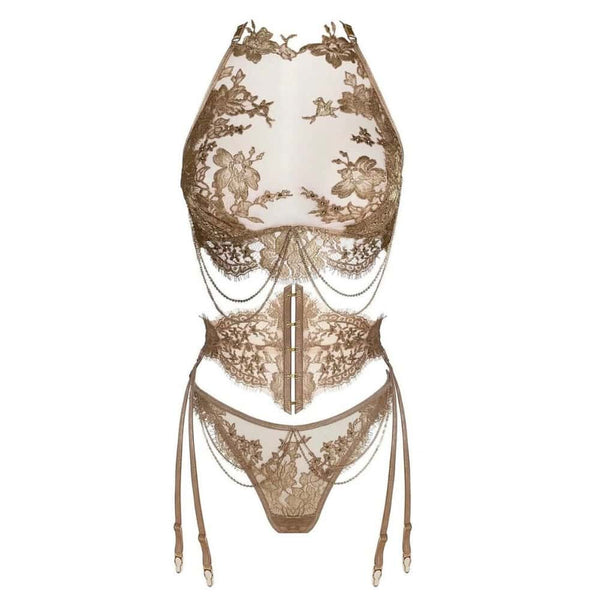 Ensemble De Lingerie en Dentelle Leavers française en Or Rosé Soutien Gorge Avec Chaînes Amovible et baleines souples, Corset Porte-jarretelles en Dentelle et anneaux dorés et Culotte Style Brésilienne avec Chaînes en or délicates amovibles (vendues séparément)
