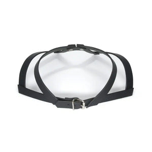 Vue de dessus du choker 86647 en cuir noir, montrant son design inspiré du col de chemise avec des vis à l’avant rappelant les boutons et la boucle réglable à l’arrière.