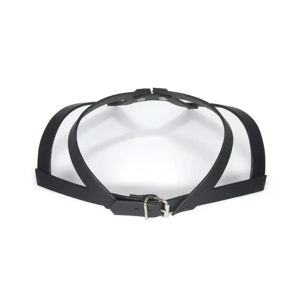 Vue de dessus du choker 86647 en cuir noir, montrant son design inspiré du col de chemise avec des vis à l’avant rappelant les boutons et la boucle réglable à l’arrière.