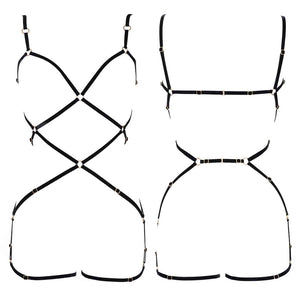 Playsuit Agnes en élastiques noir avec jarretelles signé Couture de nuit chez Brigade Mondaine