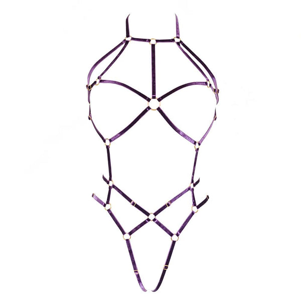 Harnais Jane Améthyst en velours élastique avec finitions artisanales et anneaux métalliques haut de gamme.