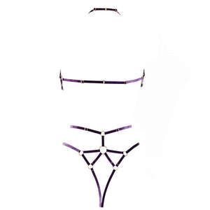Harnais Jane Améthyst en velours élastique avec finitions artisanales et anneaux métalliques haut de gamme.