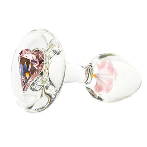Plug Annal en Verre Borosilicate bulbe compact tige courte et base en forme de cœur orné d’un cristal avec Une Fleur à L'intérieur