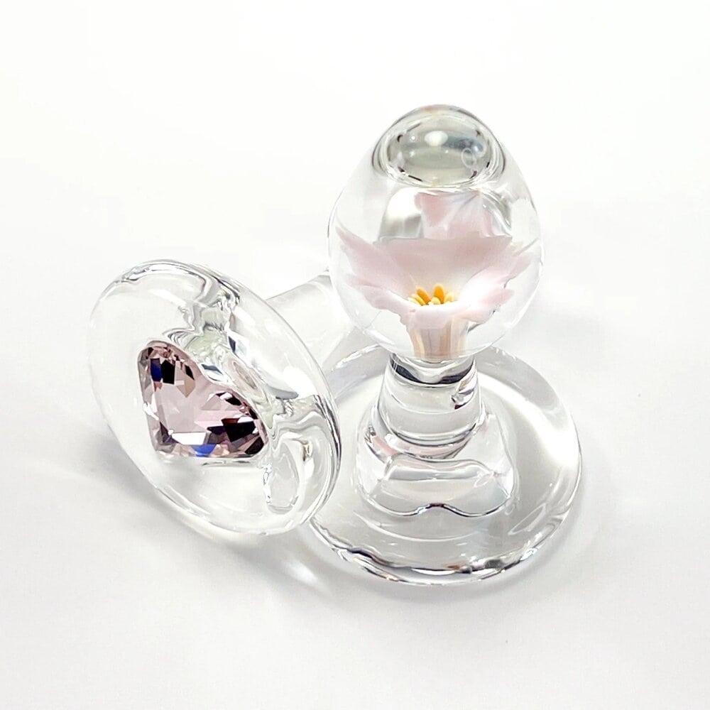 Plug Annal en Verre Borosilicate bulbe compact tige courte et base en forme de cœur orné d’un cristal avec Fleur à L'intérieur