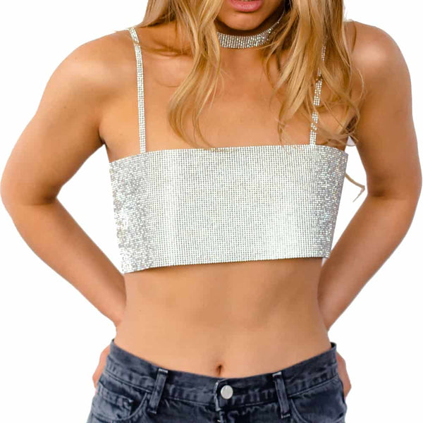SAVOR Top gris, légèrement transparent avec cristaux Swarovski dos nu de CRYSTAL EYEZ chez BRIGADE MONDAINE
