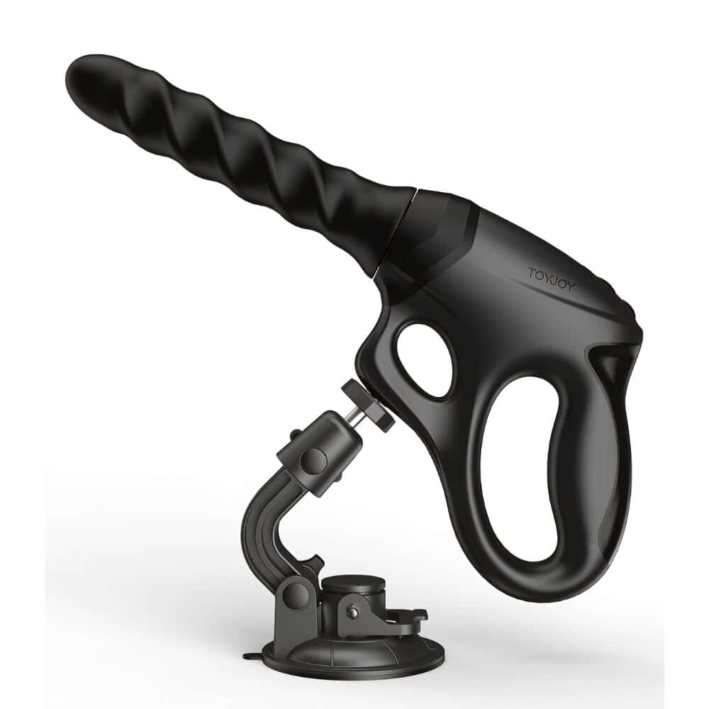 Sex machine noire avec poignée ergonomique, embout texturé et support ventouse ajustable, accessoire proposé par Brigade Mondaine Paris.