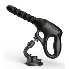 Sex machine noire avec poignée ergonomique, embout texturé et support ventouse ajustable, accessoire proposé par Brigade Mondaine Paris.