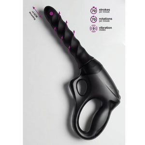 Sex machine noire avec poignée ergonomique, embout texturé et support ventouse ajustable, accessoire proposé par Brigade Mondaine Paris.