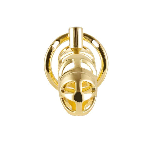 Cage de chasteté en métal doré poli avec anneau de fixation, présentée sur fond blanc, sélection Brigade Mondaine Paris.