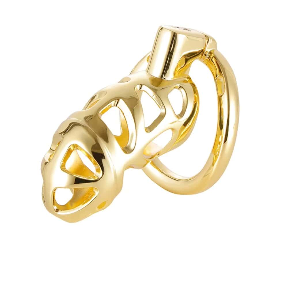 Cage de chasteté en métal doré poli avec anneau de fixation, présentée sur fond blanc, sélection Brigade Mondaine Paris.