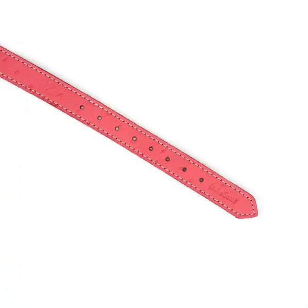 Choker Cœur en cuir rose embossé peau d’autruche avec cœur central en métal or rose. Boucle métallique robuste. Accessoire fétichiste séduisant et affirmatif. Ajustable pour un confort parfait.