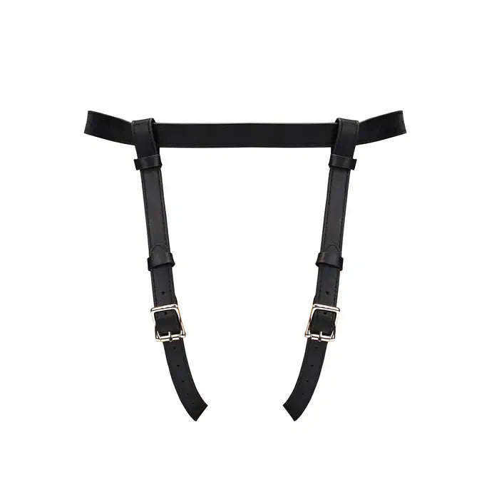 Harnais Strap On Collection Dark Secret en cuir noir, réglable à la taille et aux cuisses. Anneau de 3,8 cm pour godes, plugs, ou vibromasseurs. Métal doré, cuir de vache véritable, design luxueux.