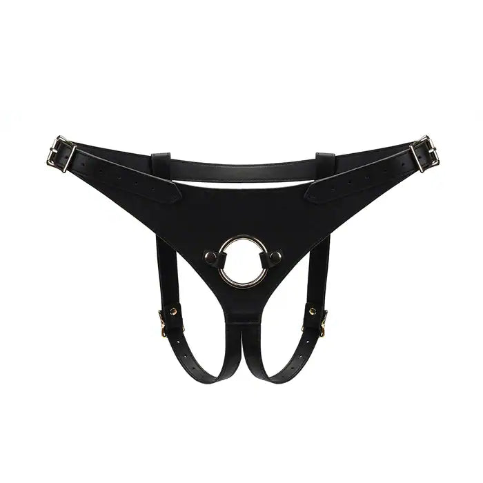 Harnais Strap On Collection Dark Secret en cuir noir, réglable à la taille et aux cuisses. Anneau de 3,8 cm pour godes, plugs, ou vibromasseurs. Métal doré, cuir de vache véritable, design luxueux.