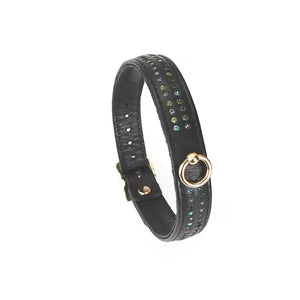 Collier ajustable en cuir de Vache Noir serti de strass multicolores Laisse en métal Doré et Cuir