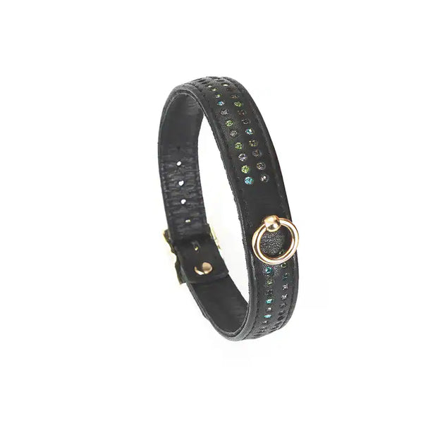 Collier ajustable en cuir de Vache Noir serti de strass multicolores Laisse en métal Doré et Cuir