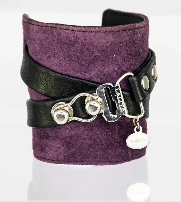 Menottes Bracelets Réversibles Noir et Violette en Cuir et Acier Inoxydable