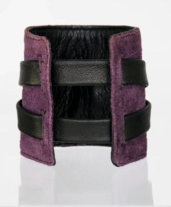 Menottes Bracelets Réversibles Noir et Violette en Cuir et Acier Inoxydable