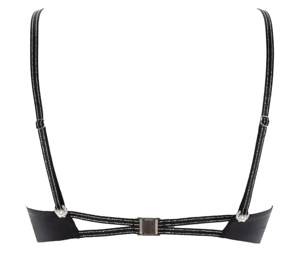Soutien-gorge BRACLI Destinos en dentelle noire avec lurex, soie française, bretelles réglables et amovibles avec boutons en nacre, finition perles et appliqués argentés, lingerie artisanale Made in Spain.