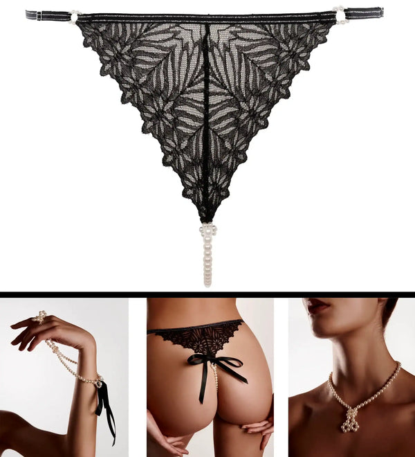 G-String BRACLI Destinos en dentelle noire avec lurex, détail perles de Manacor amovible, lingerie fine modulable et minimaliste, fabriquée à la main en Espagne.