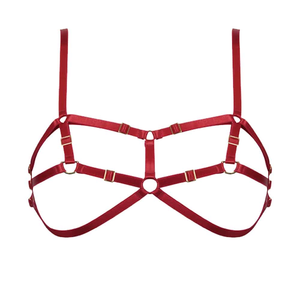 Soutien gorge D ring en élastiques rouge et détails dorés dont un anneaux en D au niveaux des tétons par ELF ZHOU LONDON chez Brigade Mondaine
