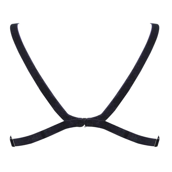 Soutien gorge de la marque ELF ZHOU LONDON de couleur noir. Le soutien gorge est fait de velours ce qui donne un effet glamour, luxe. La forme du soutien gorge va pouvoir mettre en avant la poitrine.