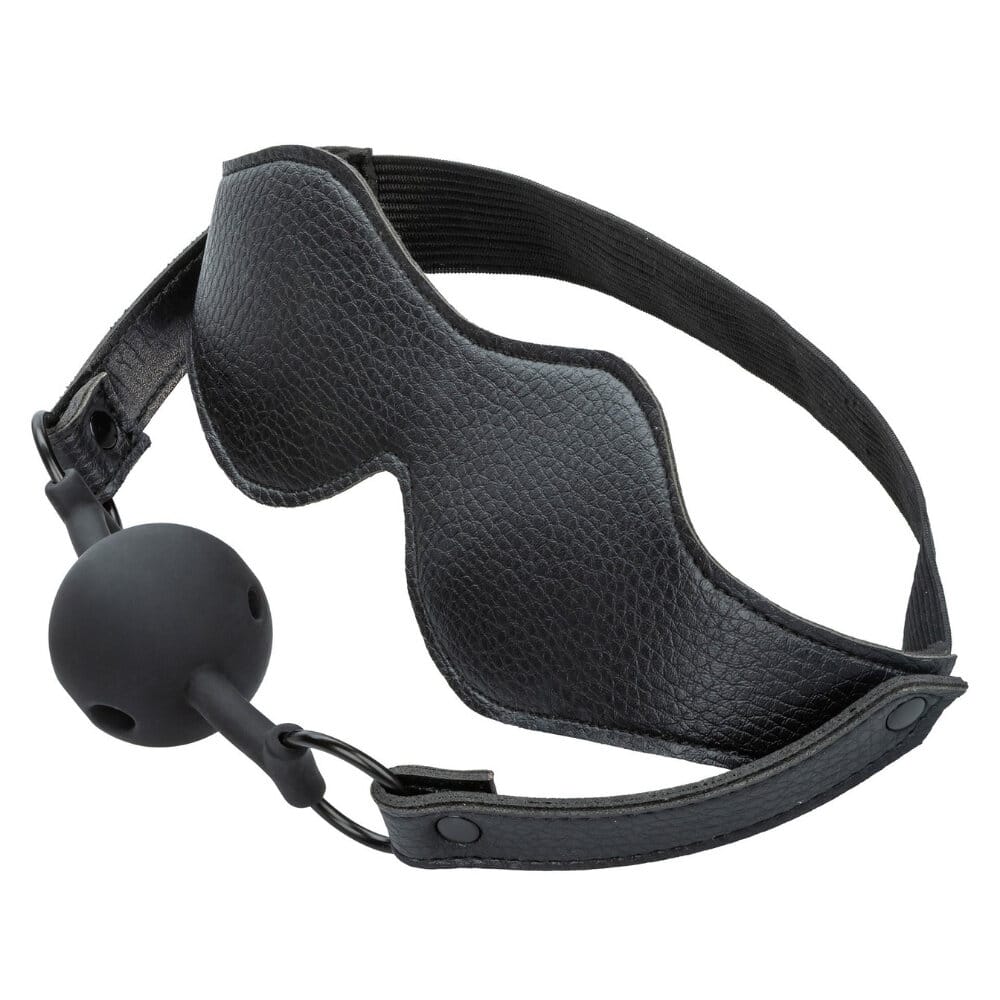 Bandeau en cuir noir avec sangle élastique et gag en silicone noir intégré, accessoire BDSM proposé par Brigade Mondaine Paris.