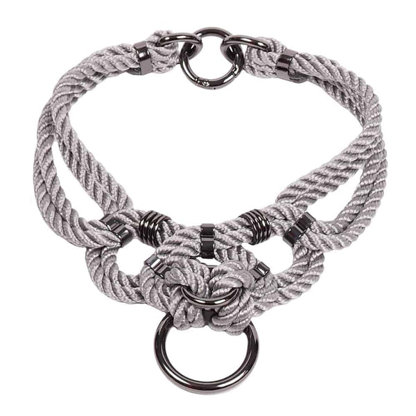 Le collier de forme choker peut être porté attaché au harnais ou seul. Fermeture au dos. Finition argentée. Totalement ajustable.