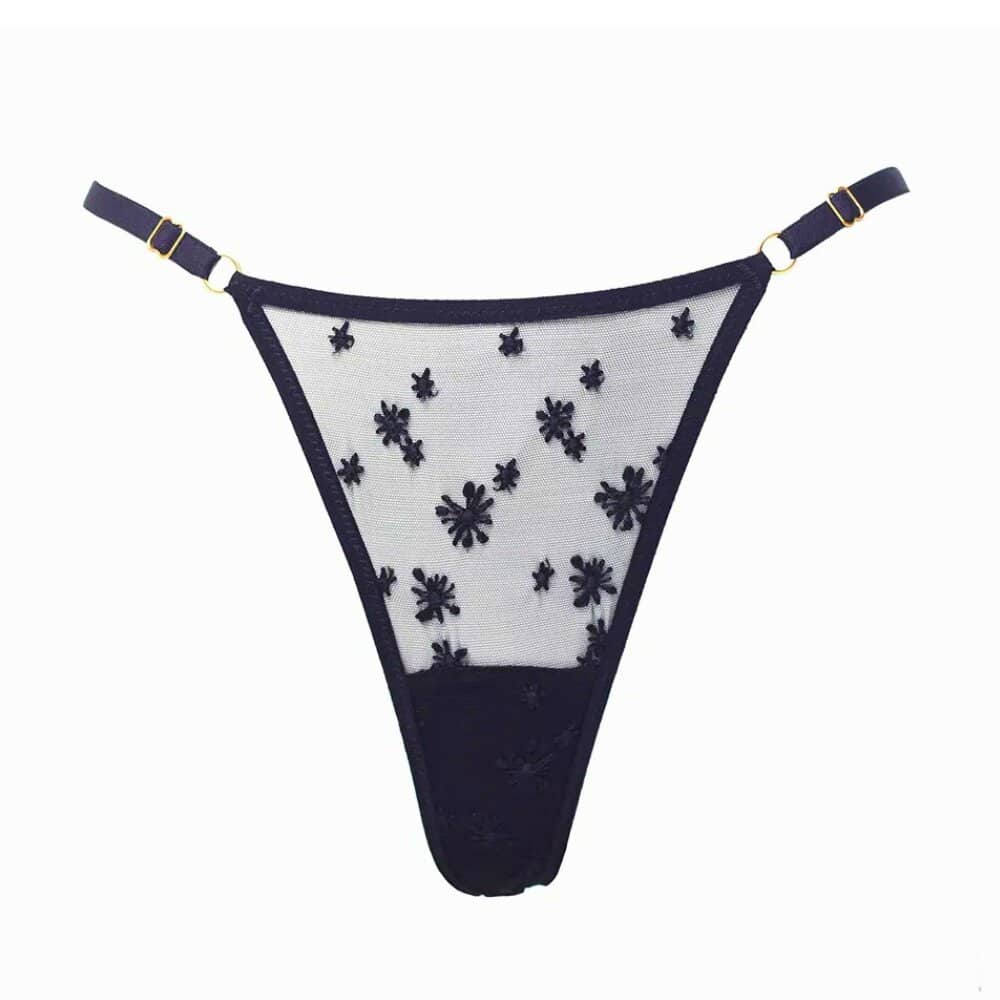 String Réglable Noir brodé d’étoiles en tulle français brodé et élastiques satinés anneaux et sliders plaqués or 24k entrejambe est doublé en jersey de rayonne doux