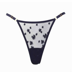 String Réglable Noir brodé d’étoiles en tulle français brodé et élastiques satinés anneaux et sliders plaqués or 24k entrejambe est doublé en jersey de rayonne doux